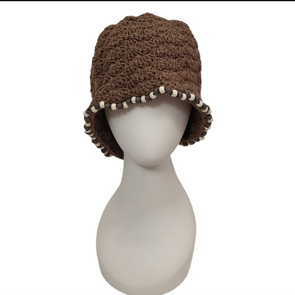 Vintage 80s Brown Crochet Beaded Beanie and Blue Nubby Knitted Beanie Hats 2 - Picture 3 of 6